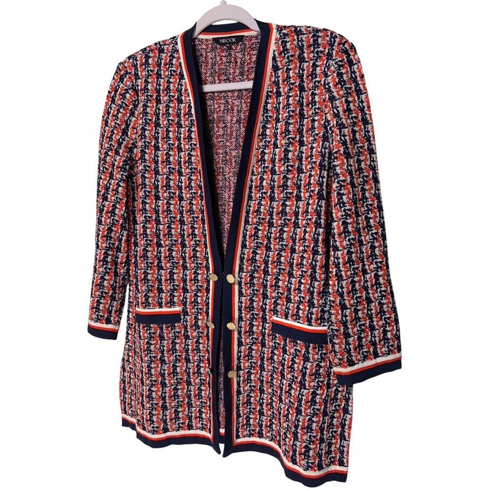 Misook Tweed Knit Longline Cardigan Navy Orange White Gold Buttons Size Medium